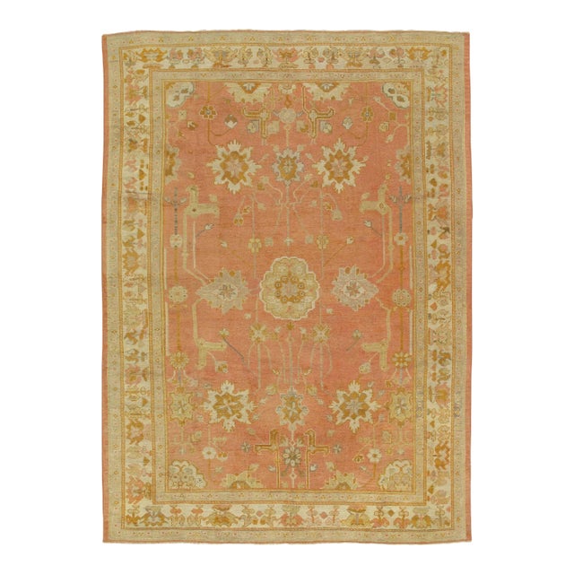 Antique Oushak Carpet, Handmade Oriental Rug,Pink Rug, Taupe, Cream Fine For Sale
