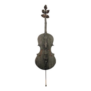 Large 67" Hand-Carved Wooden Cello Sculpture With Pinecone Tuning Pegs – Folk Art For Sale