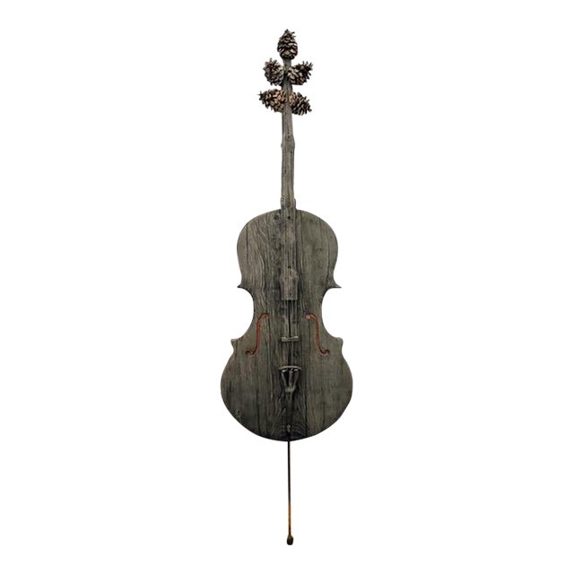 Large 67" Hand-Carved Wooden Cello Sculpture With Pinecone Tuning Pegs – Folk Art For Sale