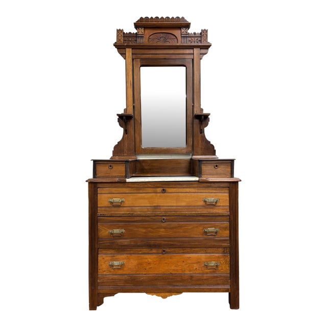 Antique Victorian Eastlake Farmhouse Style Burled Dresser With Swivel Mirror For Sale