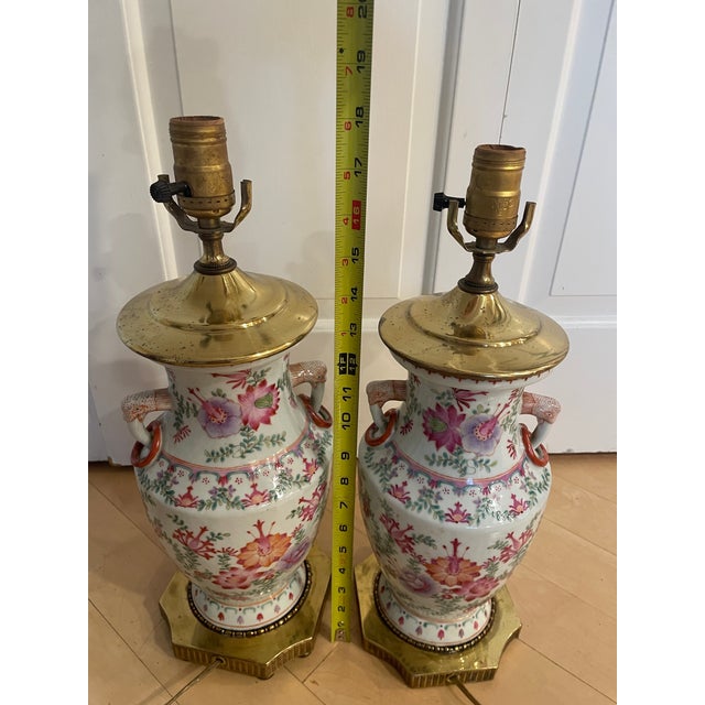 Ceramic Vintage Chinese Export-Style Famille Rose Porcelain Vase Mounted Table Lamps - a Pair For Sale - Image 7 of 12
