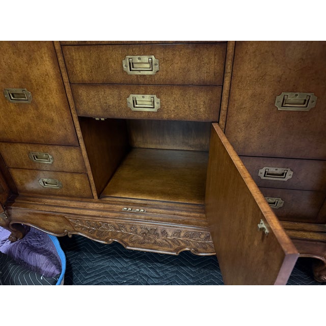 Maitland-Smith Carved Walnut and Rattan Dry Bar Armoire Cabinet For Sale - Image 16 of 17
