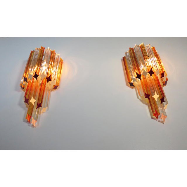 Mid-Century Modern Vintage Murano Wall Sconce with Quadriedri Amber and Trasparent Prism, 1990, Set of 2 For Sale - Image 3 of 13