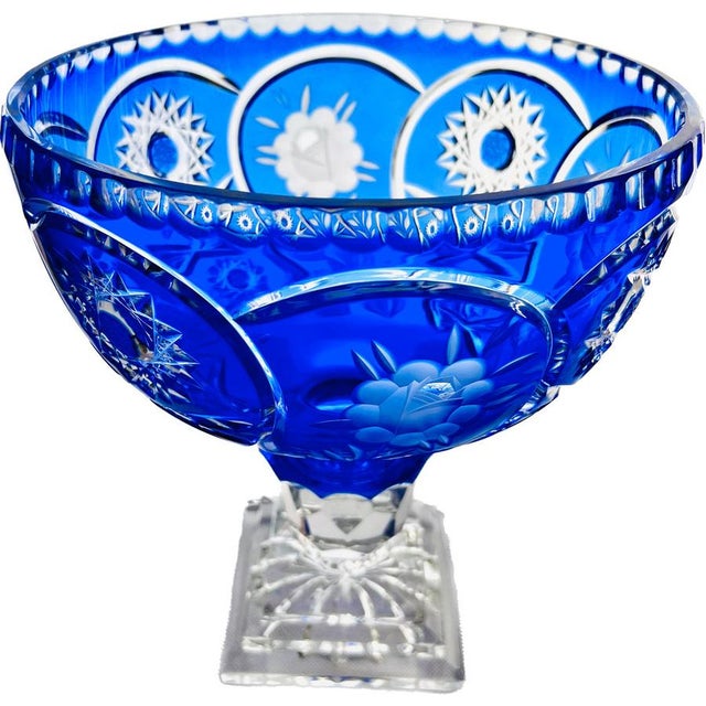 Large Bohemian Style Blue Crystal Centrepiece Pedestal Bowl on Ball Stem and Square Base, 1960s For Sale - Image 12 of 12
