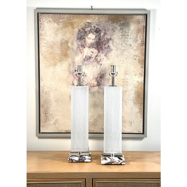 Square Pair of Vintage Murano Latticino Lamps by Dino Martens For Sale - Image 10 of 10