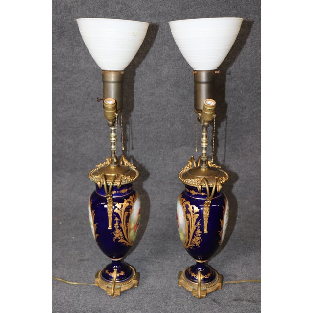 Manufacture de Sevres Antique Turn of the Century Blue Sevres Vase Table Lamps - Pair For Sale - Image 4 of 12