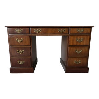 1970s Vintage Campaign Chippendale-Style Mahogany & Tooled Leather Top Partners Desk For Sale