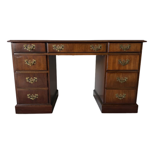 1970s Vintage Campaign Chippendale-Style Mahogany & Tooled Leather Top Partners Desk For Sale