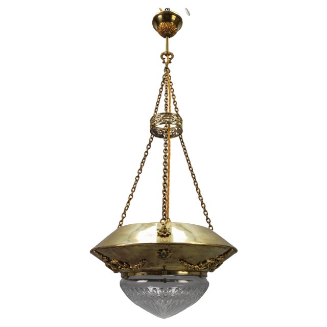 French Brass and Bronze Pendant Light with Cut Glass Lampshade, 1900s For Sale