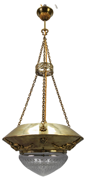 French Brass and Bronze Pendant Light with Cut Glass Lampshade, 1900s