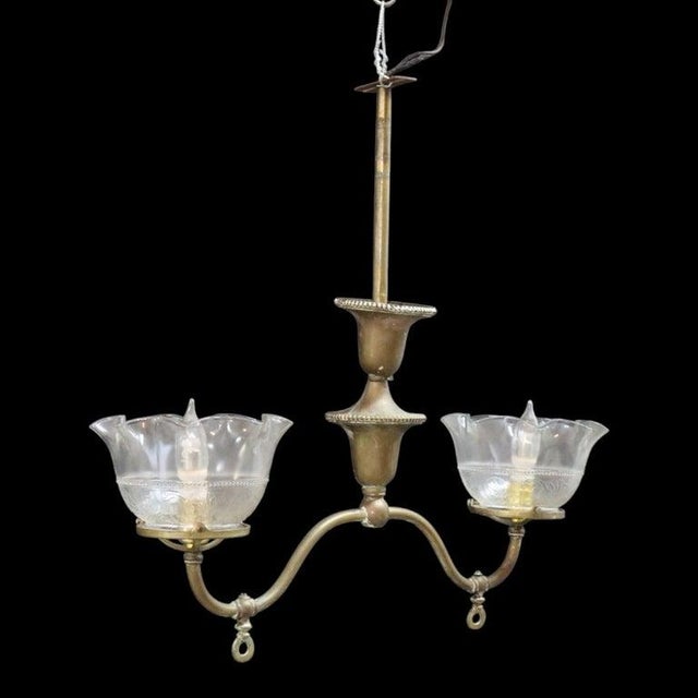 Transitional Brass 2-Arm Electrified Gas Chandelier With Pressed Glass Shades C1890 For Sale - Image 3 of 10