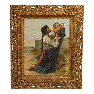 Vintage 20th C. 'Thirst' Original Oil Painting After William Adolphe Bouguereau