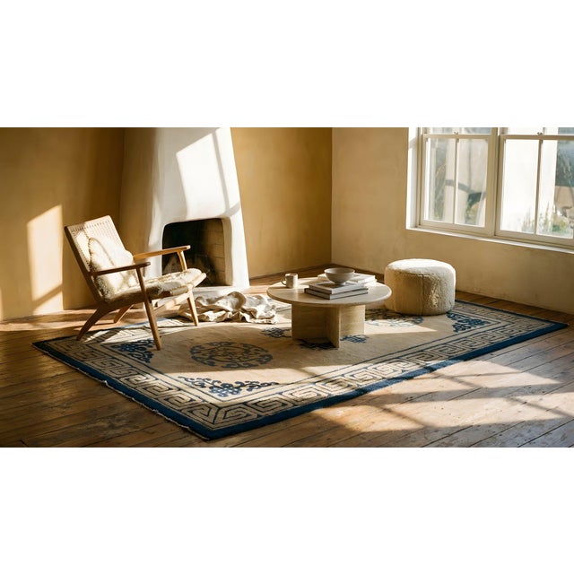 1890s Tan Camel Medallion Greek Key Antique Chinese Peking Carpet 4'2" X 6'8" Knotted Wool Rug For Sale - Image 12 of 12