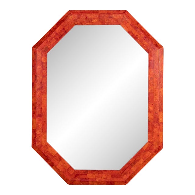 Italian Mid 20th Century Lacquered Shell Coral Colored Octagonal Mirror For Sale