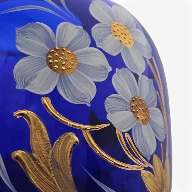 Blue Bohemian Czech Hand-Blown Cobalt Blue Enamel & Fire-Gilt Cabinet Vase 8" For Sale - Image 8 of 17