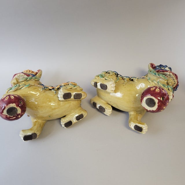 Pair of Shiwan Ceramic Polychrome Foo Dogs Sculptures, Hand-Applied Coils For Sale In Raleigh - Image 6 of 17