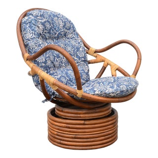1970s Swivel Bamboo Lounge Chair With Cushions For Sale