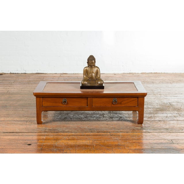 Brown Chinese Vintage Low Elmwood Table with Rattan Inset Top and Two Drawers For Sale - Image 8 of 13