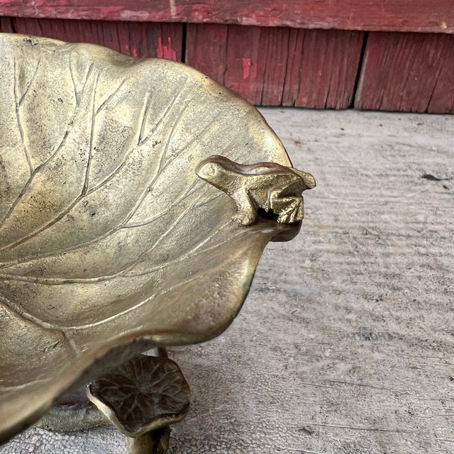 Vintage Brass Lily Pad Pedestal Bowl With Frog Accent For Sale - Image 10 of 12
