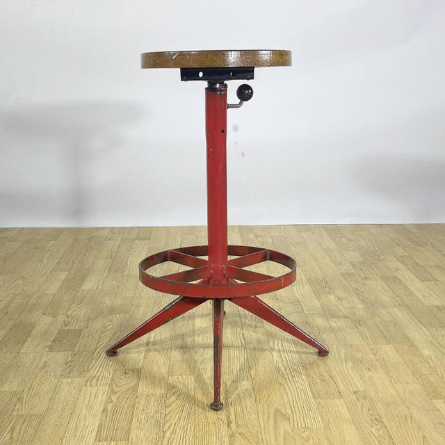 Industrial Industrial Swivel Stool in Red Painted Metal and Wood Seat, 1950s For Sale - Image 3 of 9