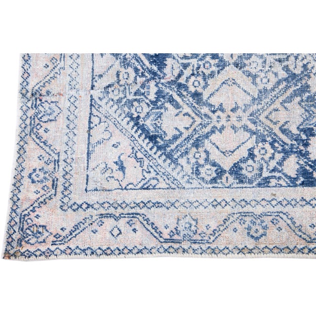 1960s Vintage Mahal Shabby Chic Handmade Medallion Navy Blue Wool Rug For Sale - Image 4 of 8