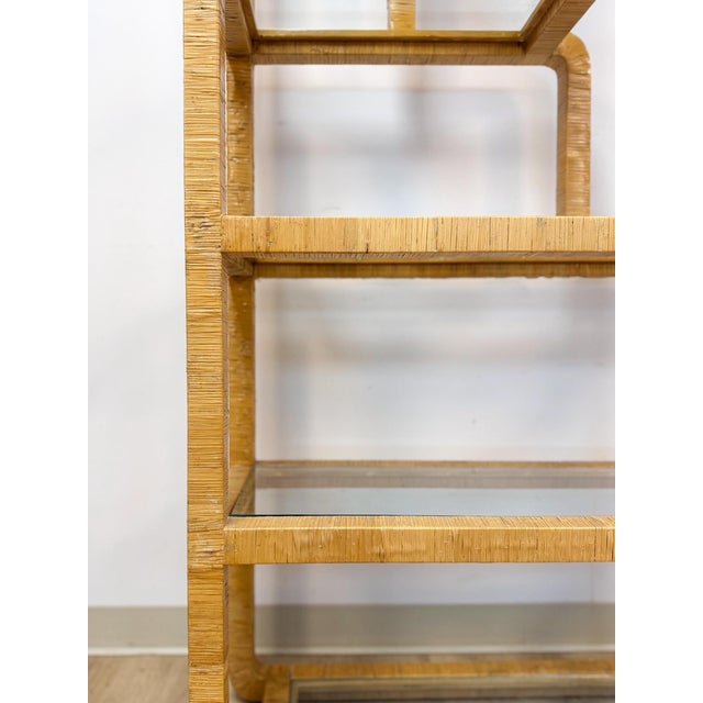 Coastal Etagere Rattan Wrapped Milo Baughman Style Five Tier Glass Shelf MCM For Sale - Image 9 of 15