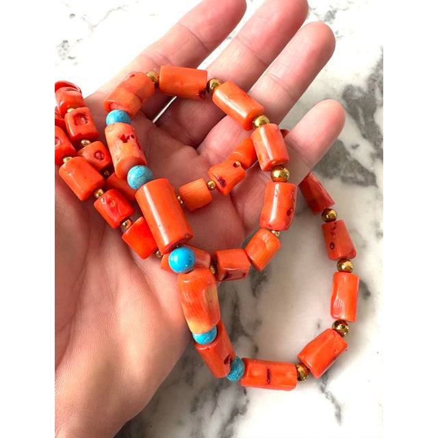 2020s Coral Branch and Turquoise Beaded Necklace With Antiqued Gold Tone Spacers - Designed by Matthew Izzo For Sale - Image 5 of 5