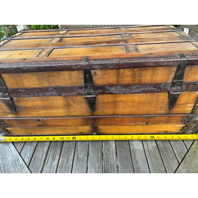 Antique Wood Travel Trunk With Leather Straps and Original Hardware For Sale - Image 10 of 12