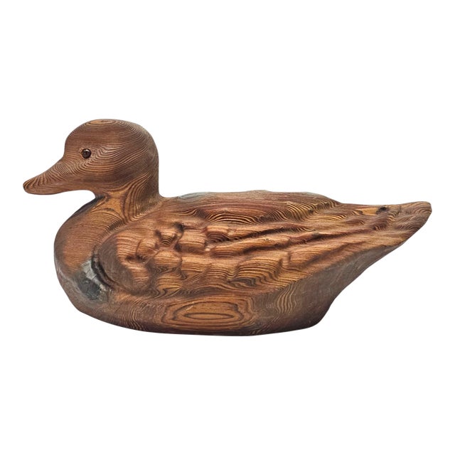 Japanese Showa Period Yakisugi Cryptomeria Duck Sculpture With Glass Eyes 14.5" For Sale