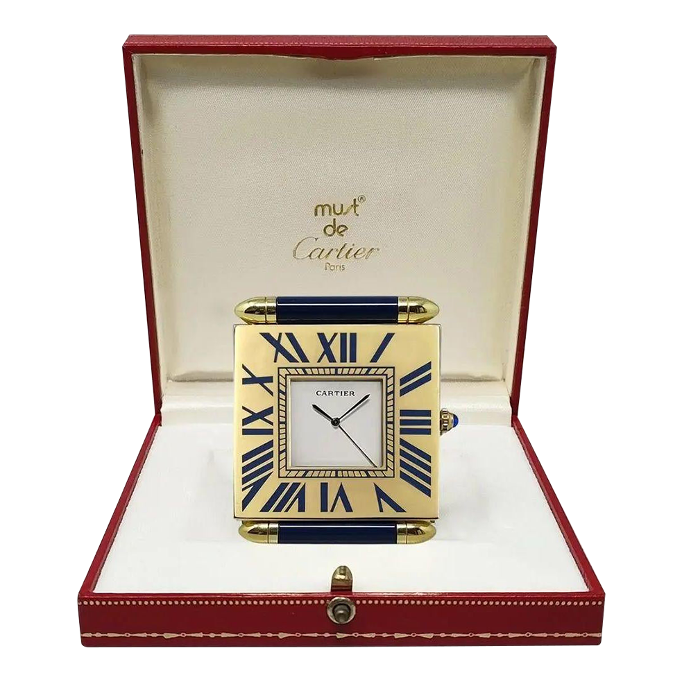 Vintage Cartier Folding Travel Desk Clock Paris Gilt-Brass and