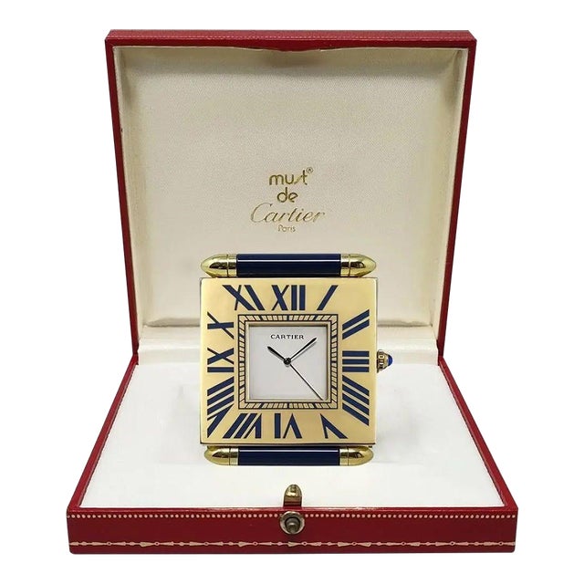 Vintage Cartier Folding Travel Desk Clock Paris Gilt-Brass and Blue Enamel 1990 For Sale