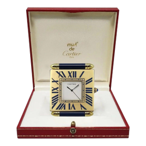 Vintage Cartier Folding Travel Desk Clock Paris Gilt-Brass and Blue Enamel 1990