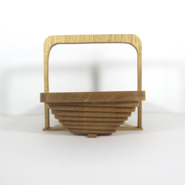 Mid-Century Modern Vintage Oak Wood Collapsible Basket Bowl For Sale - Image 3 of 9