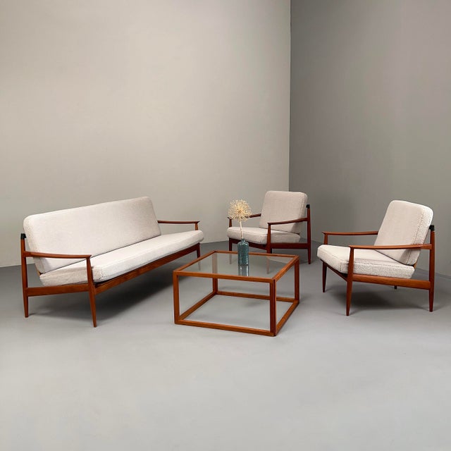 Purple Set of Teak Armchairs with Rattan Backrests & Bouclé Covers by Carl Straub / Goldfeder, Germany 1960s For Sale - Image 8 of 15
