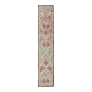 Vintage Turkish Oushak Runner in Soft Gray, Coral, and Ivory With Diamond Design