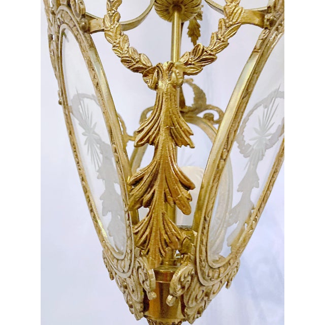 Vintage Bronze Lantern With Etched Glass Panels For Sale - Image 10 of 10