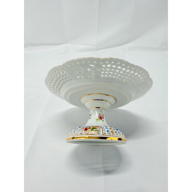 Dresden Porcelain Antique Dresden Floral Encrusted & Pierced Porcelain Compote For Sale - Image 4 of 8