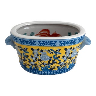 Vintage Yellow & Blue Chinoiserie Porcelain Footbath Planter W/ Koi Fish For Sale