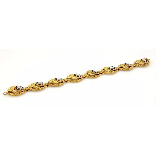 Antique Blue Enamel & Seed Pearl Rose 14k Yellow Gold Link Bracelet For Sale - Image 4 of 5