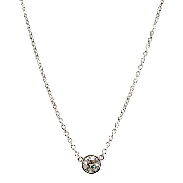 Ladies 14k White Gold 1.03ct Bezel Set Round Diamond Solitaire Pendant Necklace For Sale