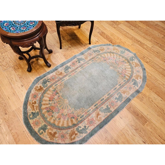 Antique Art Deco Chinese Area Rug, Wool on Cotton, Floral Design, Oval 3' x 5' For Sale In Chicago - Image 6 of 9