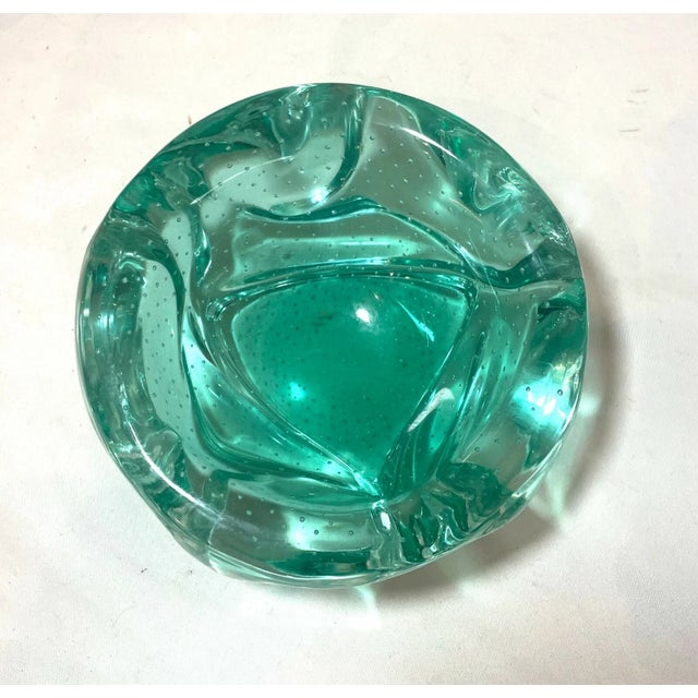 Glass Vintage Hand Blown Elis Bergh Kosta Art Glass Cigarette Cigar Green Ashtray Bowl For Sale - Image 7 of 10