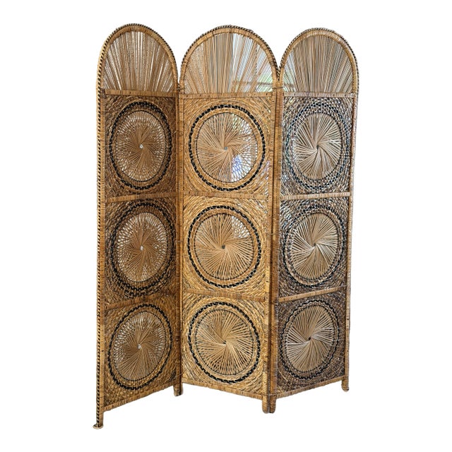 Vintage Rattan Folding Screen With Sunburst Motifs For Sale