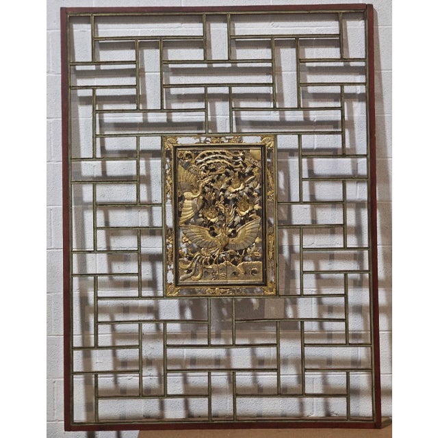 Chinese Late 19th Century Antique Hand Carved Gilt Chinese Figural Red Lacquered Wood Panel Green Accents For Sale - Image 3 of 12