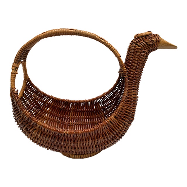 Midcentury Asian Wood Wicker Duck Basket For Sale