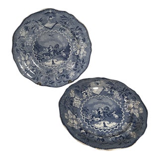 Antique Transferware Staffordshire Millennium Blue and White Plates - a Pair For Sale