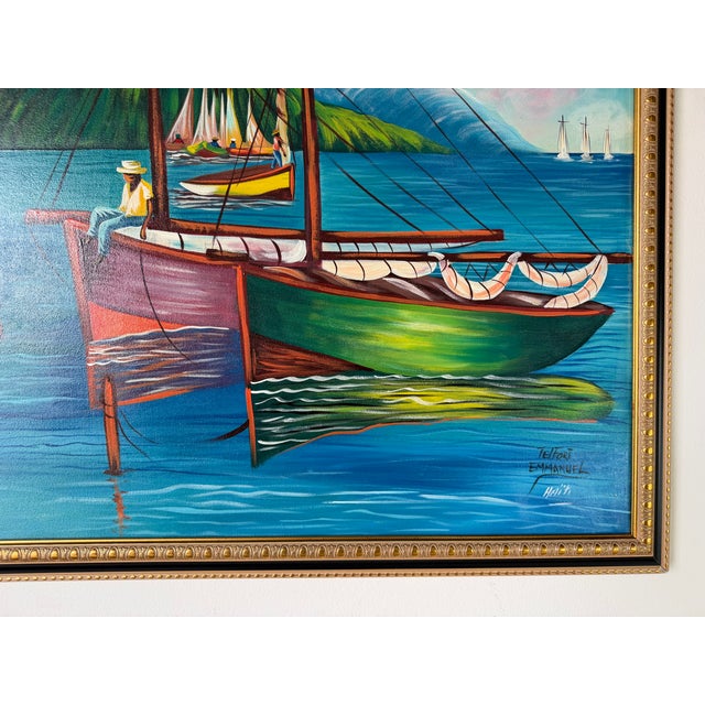 Telfort Emmanuel ( 1964-1987 ) Haitian Folk Art Oil Painting on Canvas - Framed For Sale - Image 10 of 11