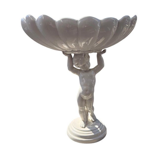 Vintage Italian White Ceramic Putto Shell Compote Bowl / Figural Centerpiece, 14" For Sale - Image 4 of 8