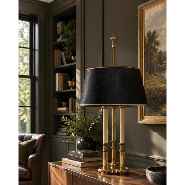 Mid 20th Century Neoclassical Stiffel Solid Brass 3-Light Bouillotte Lamp With Black Snakeskin Shade For Sale - Image 15 of 15
