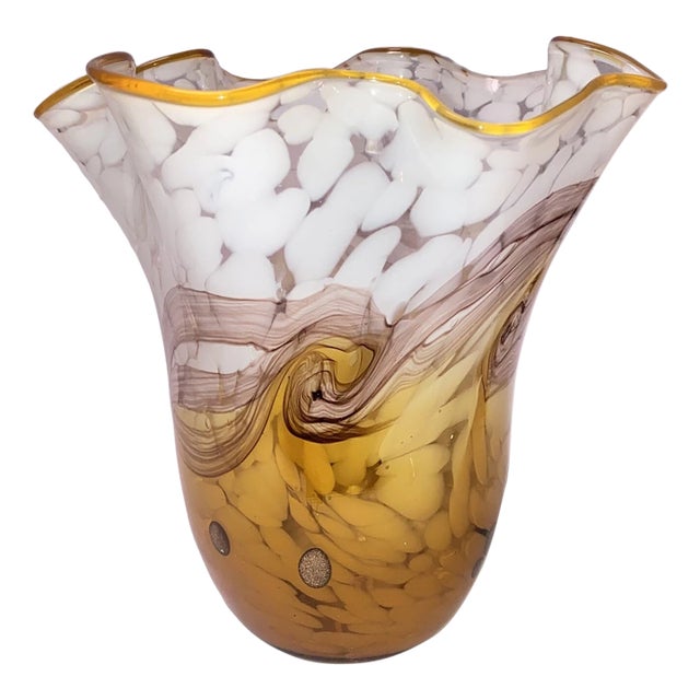 Vintage Murano Style Hand Blown Art Glass Swirl Pattern Ruffled Edge Vase For Sale